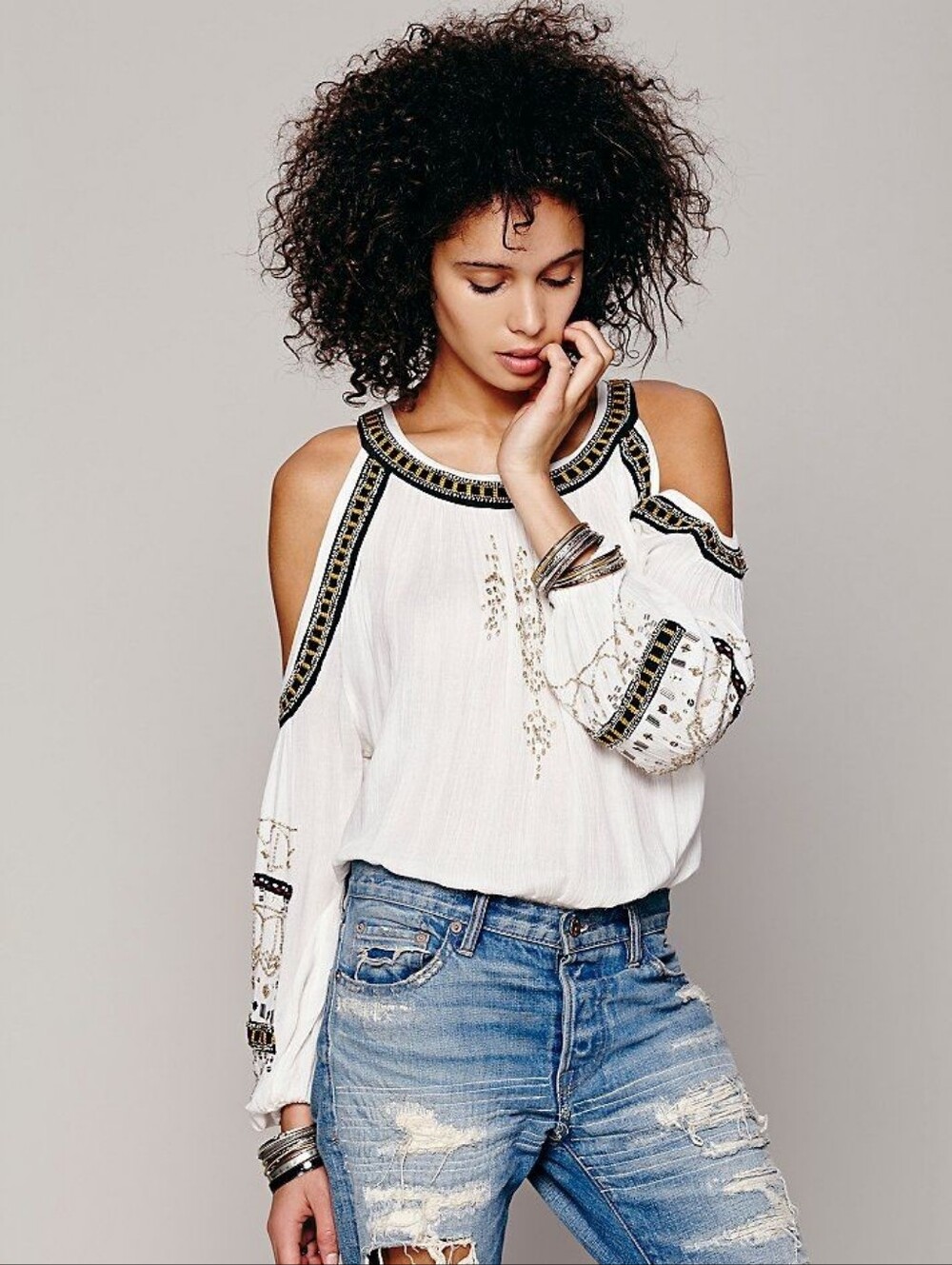 Free People White Beaded Cold-Shoulder Embroidered Tunic